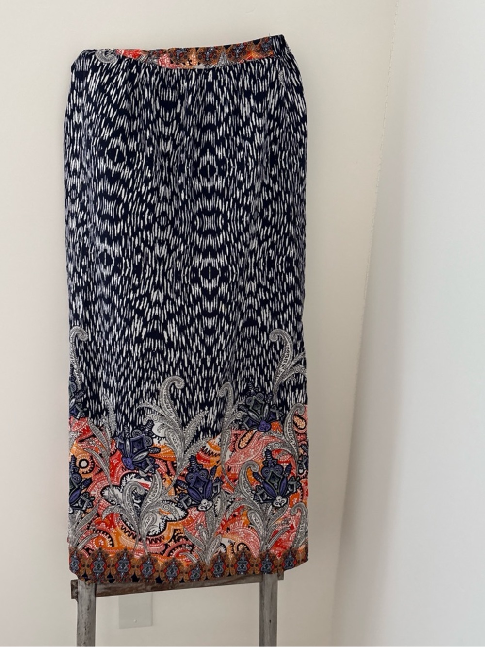 Skies Are Blue Navy Maxi Skirt with Orange Paisley Border